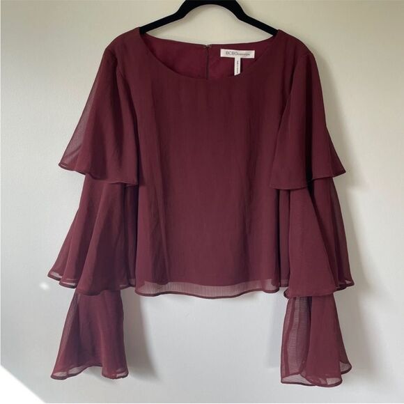 BCBG Generation Ruffled Bell Sleeve Blouse Small Red Maroon Boho Cottagecore Top - Picture 8 of 13